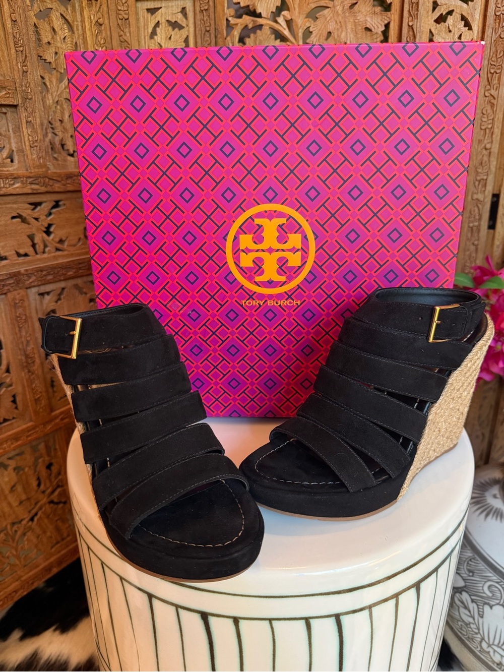Tory Burch Black Suede Strappy Espadrille Wedges